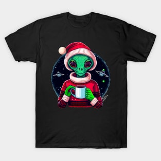 Christmas Funny Alien Drinking Coffee Wearing Sweater T-Shirt